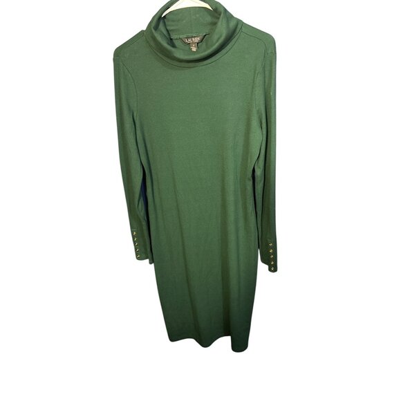 Lauren Ralph Lauren Sz 12 Green Turtleneck Midi Sweater Dress W/ Gold Button Cuf - Picture 2 of 6